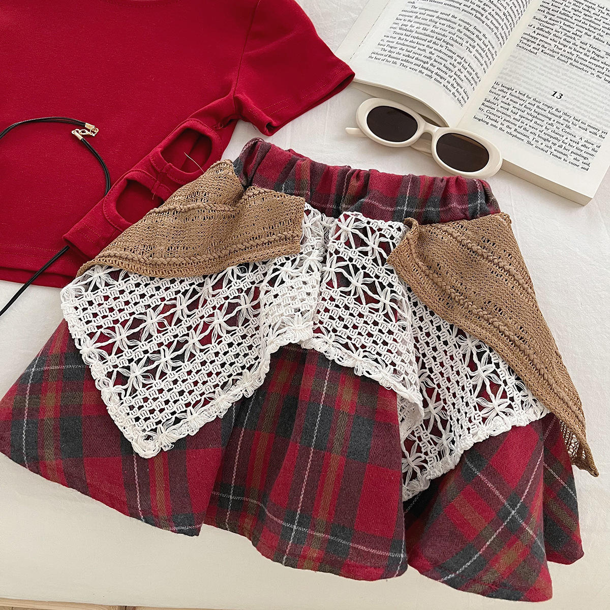 Girls National Style Lace Plaid Skirt Set | 2-Piece Summer T-Shirt & Skirt Outfit