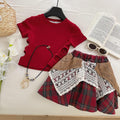 Girls National Style Lace Plaid Skirt Set | 2-Piece Summer T-Shirt & Skirt Outfit