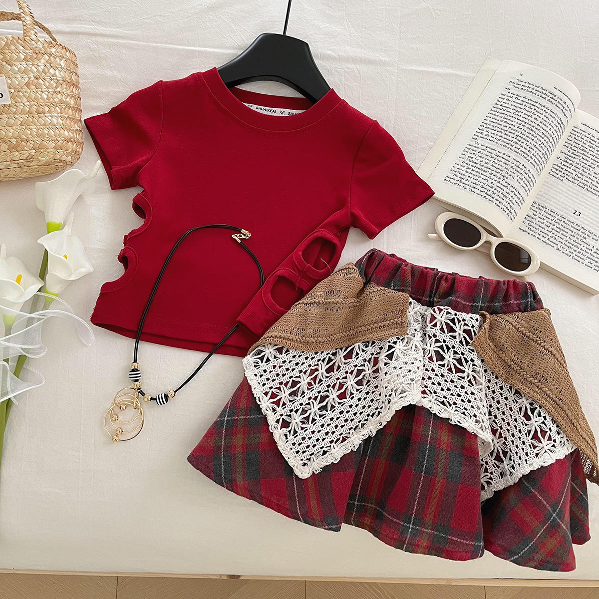 Girls National Style Lace Plaid Skirt Set | 2-Piece Summer T-Shirt & Skirt Outfit