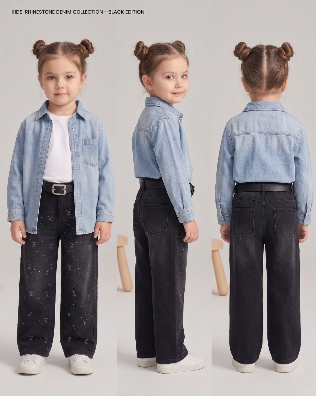 Girls Rhinestone Distressed Denim Pants | Vintage Wash