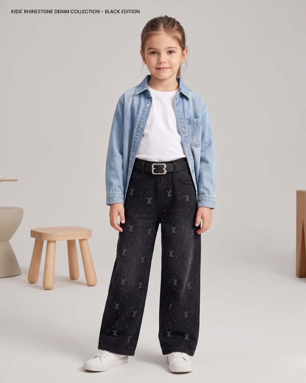 Girls Rhinestone Distressed Denim Pants | Vintage Wash