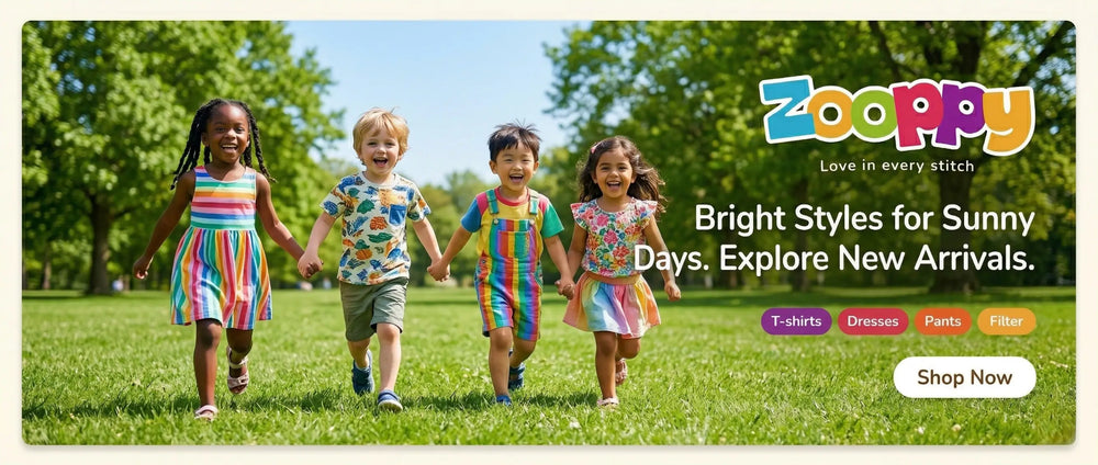 Children in colorful outfits walking on grass with ZooPlay branding.