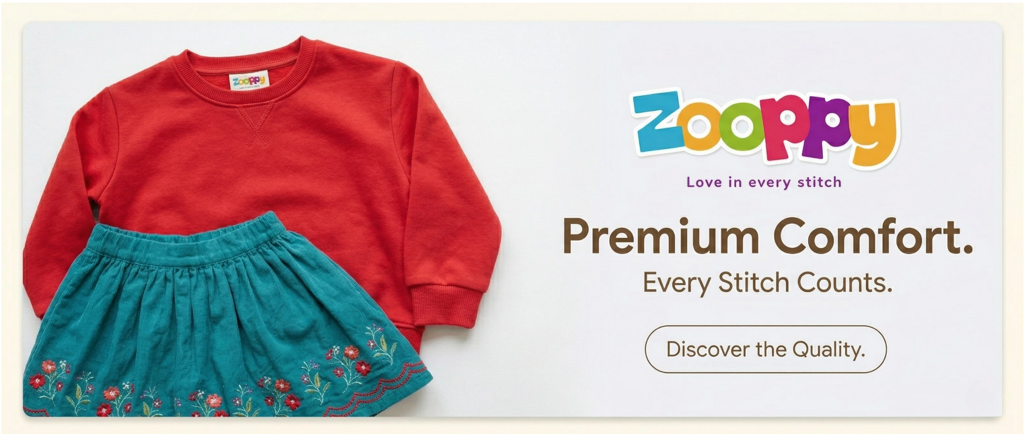 Red sweatshirt and teal skirt set with Zooppy branding on a white background
