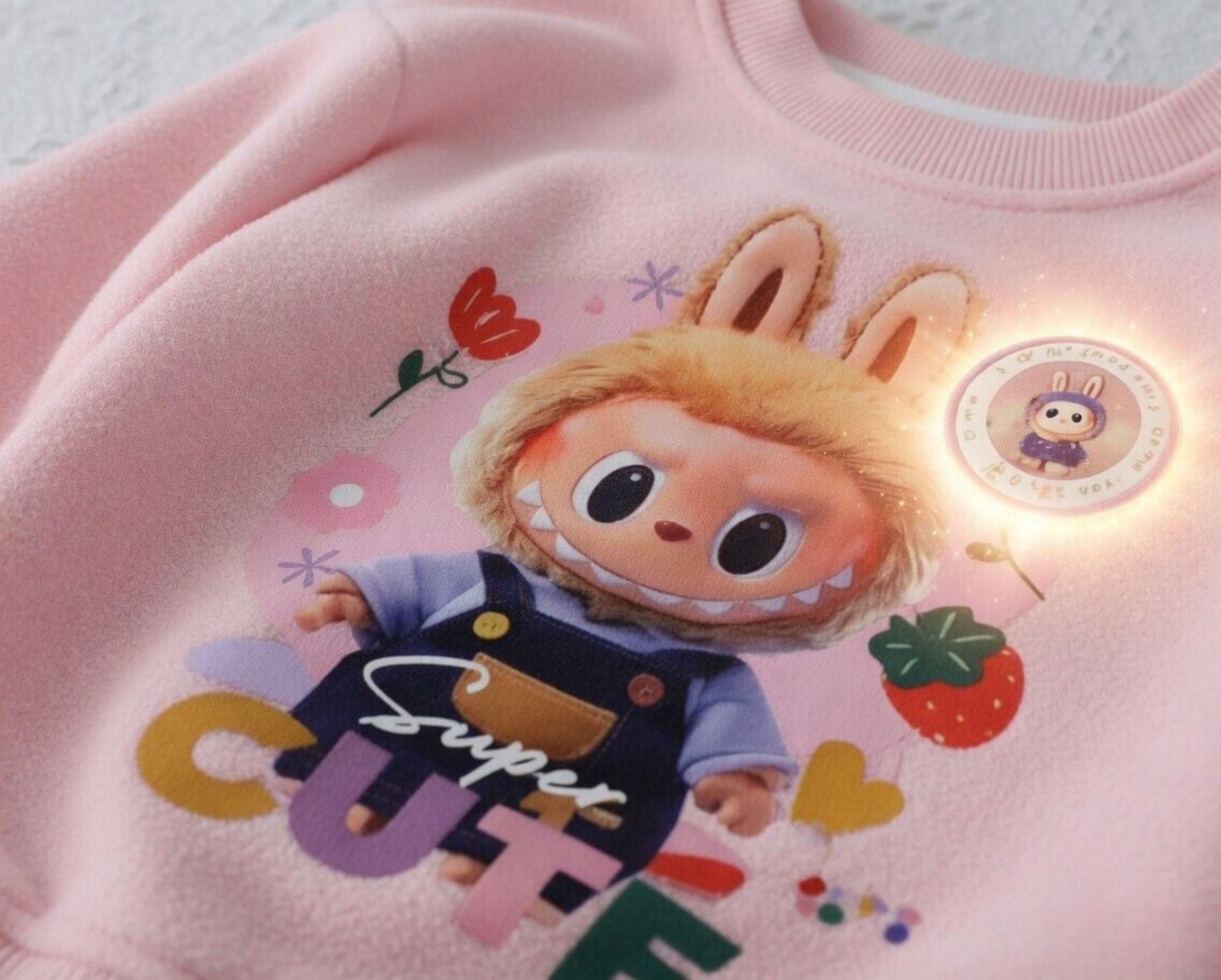 Kids Labubu Light-Up Chest Badge Pullover Sweater | Tap to Glow Long Sleeve Top (2–7Y)