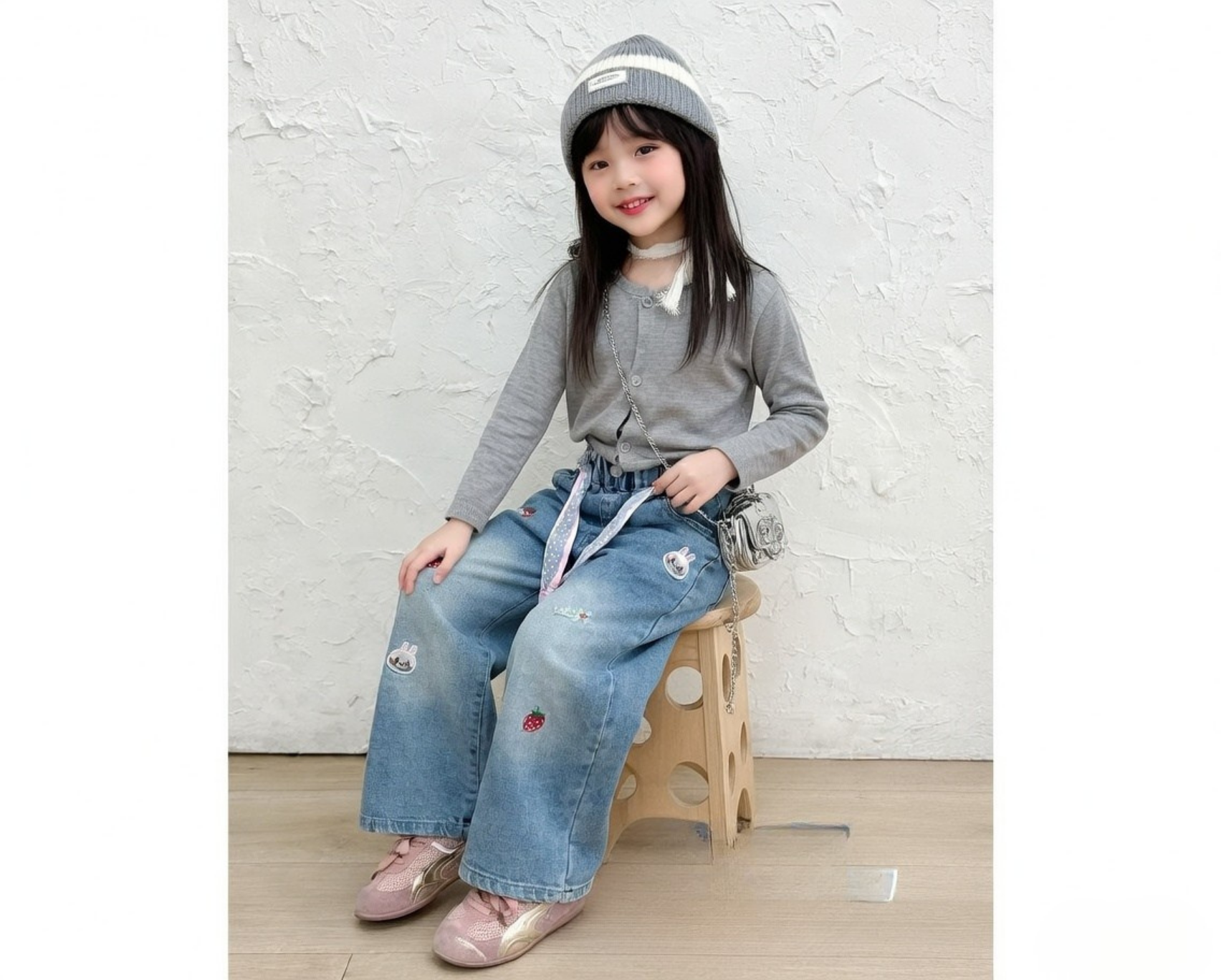 Girls Washed Straight Denim Cargo Pants | Multi-Pocket Elastic Waist Spring Autumn (2–7Y)