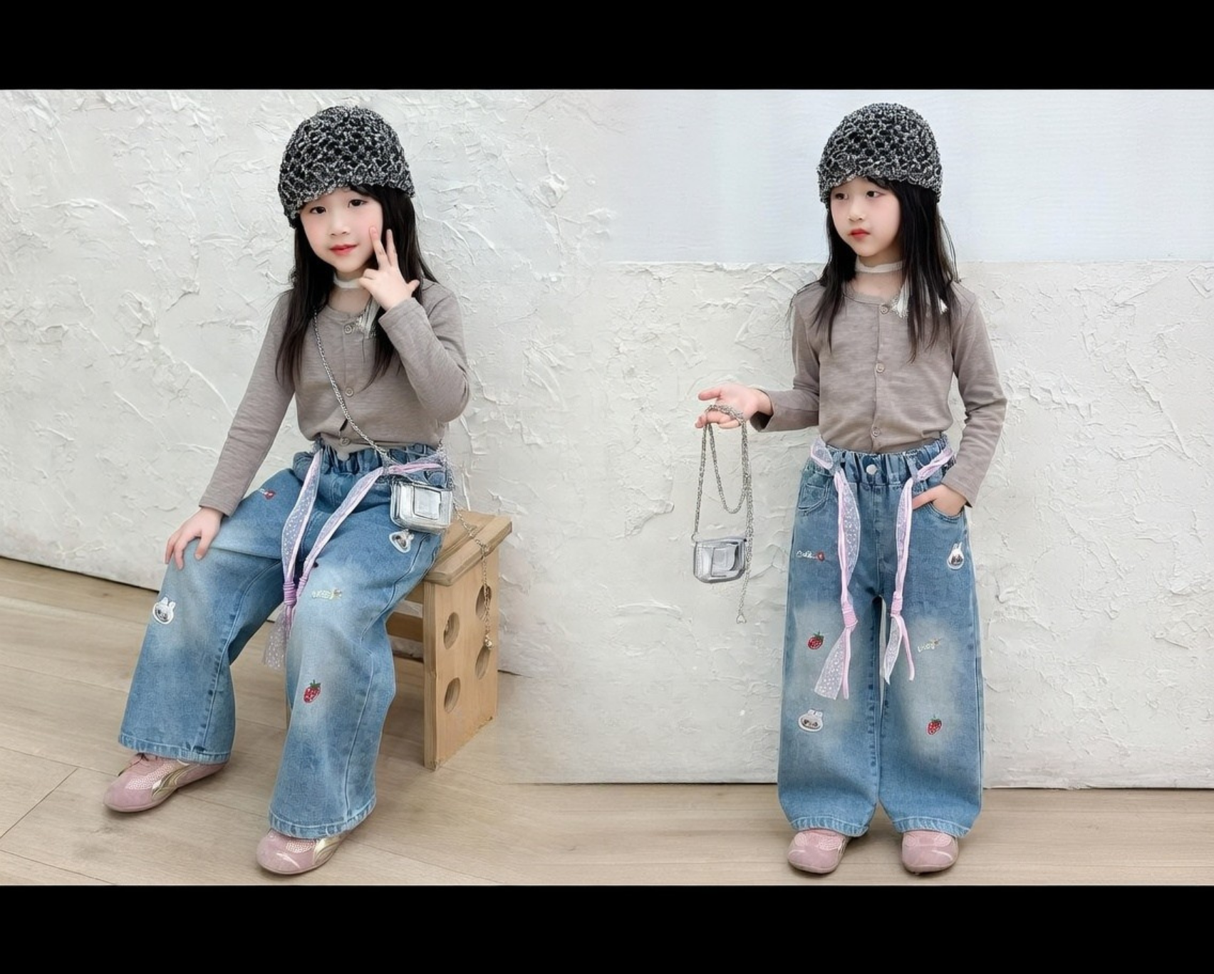 Girls Washed Straight Denim Cargo Pants | Multi-Pocket Elastic Waist Spring Autumn (2–7Y)