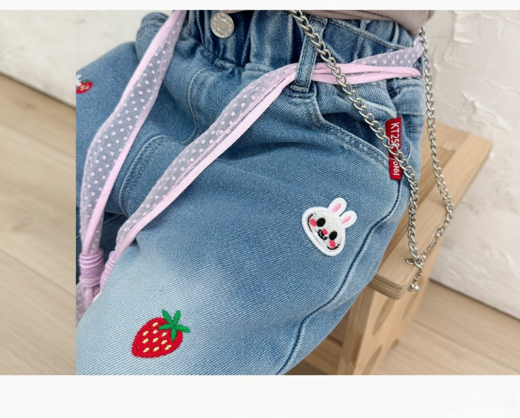 Girls Washed Straight Denim Cargo Pants | Multi-Pocket Elastic Waist Spring Autumn (2–7Y)