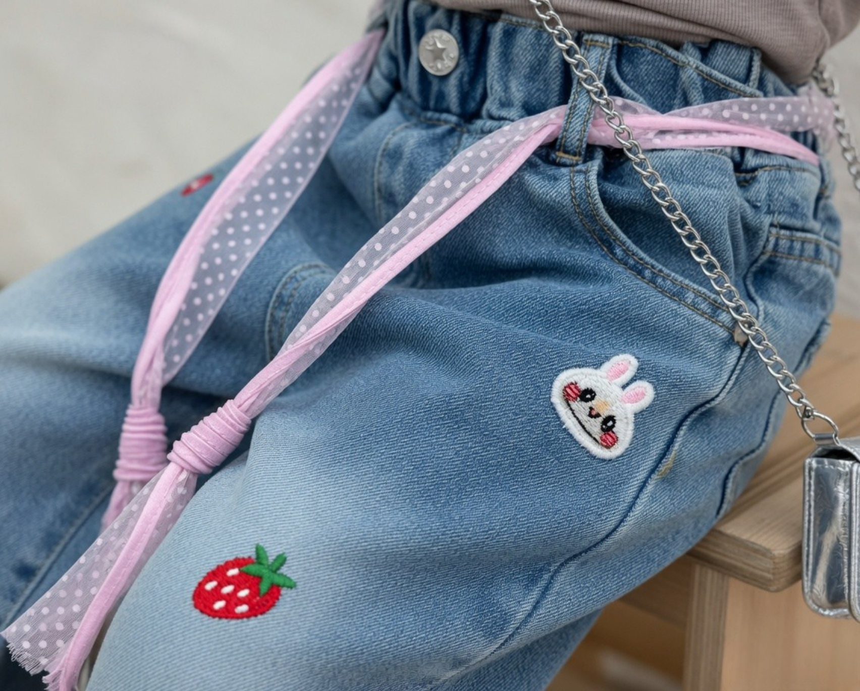 Girls Washed Straight Denim Cargo Pants | Multi-Pocket Elastic Waist Spring Autumn (2–7Y)