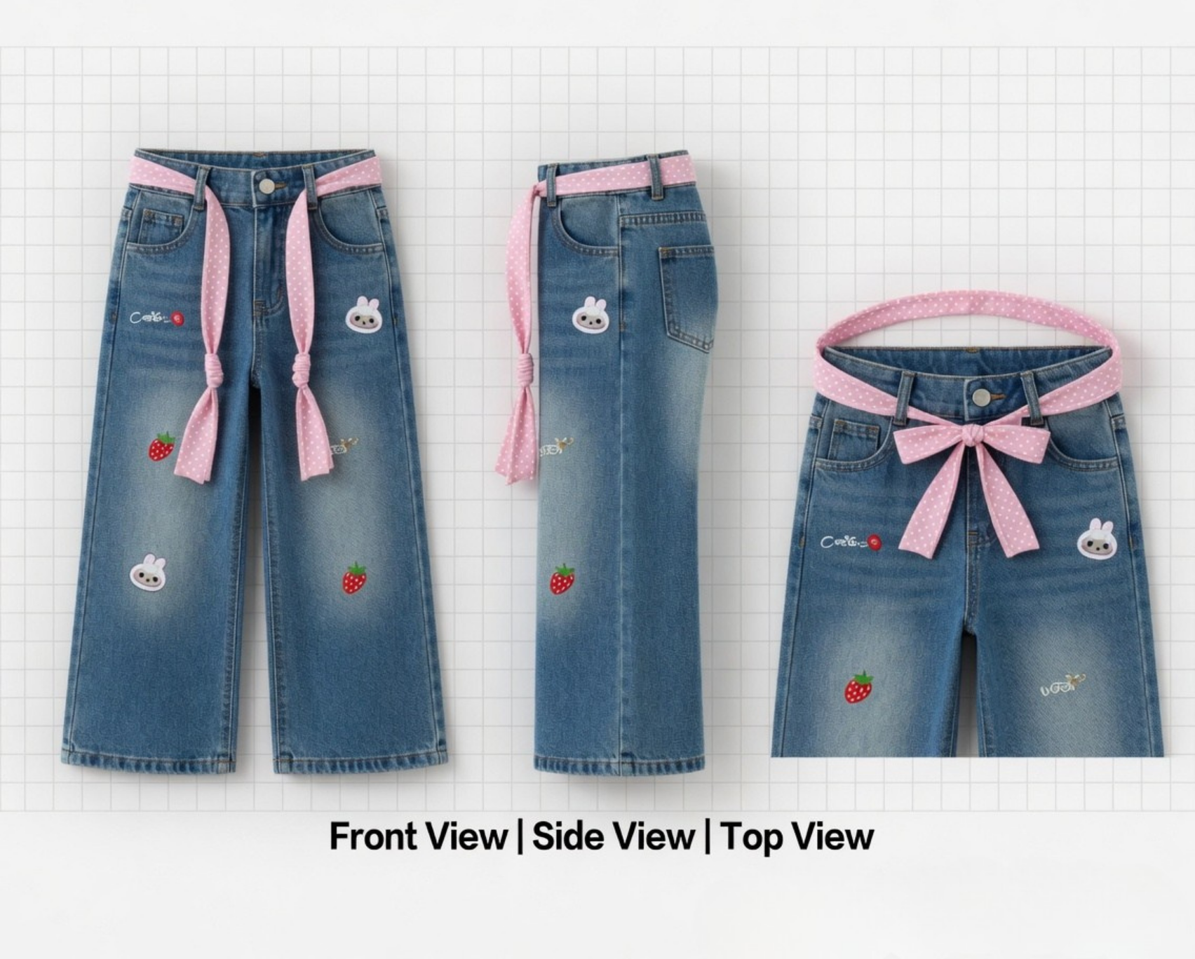 Girls Washed Straight Denim Cargo Pants | Multi-Pocket Elastic Waist Spring Autumn (2–7Y)