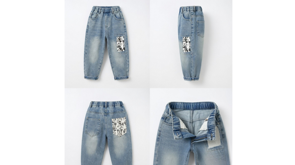 Boys Korean Style Printed Denim Jeans | Cotton Back-Pocket Casual Pants (18M–6Y)