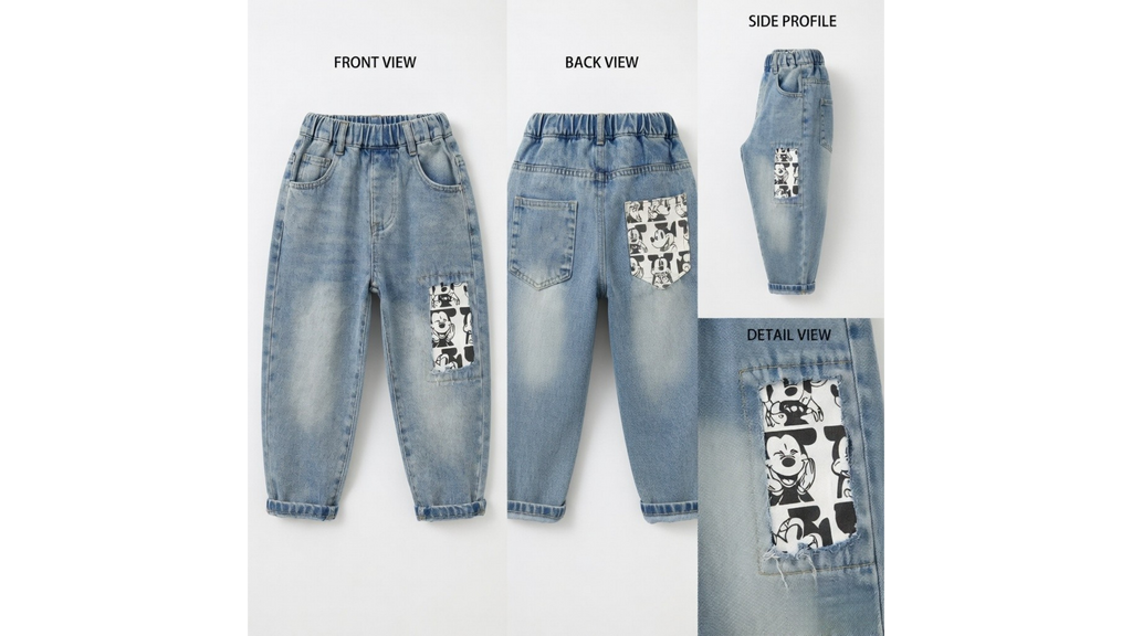 Boys Korean Style Printed Denim Jeans | Cotton Back-Pocket Casual Pants (18M–6Y)