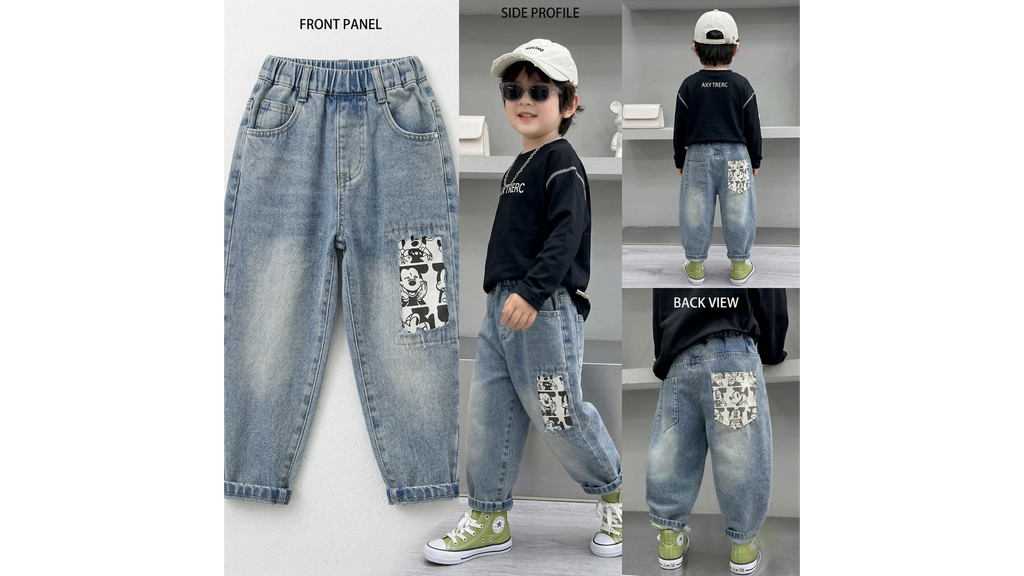 Boys Korean Style Printed Denim Jeans | Cotton Back-Pocket Casual Pants (18M–6Y)