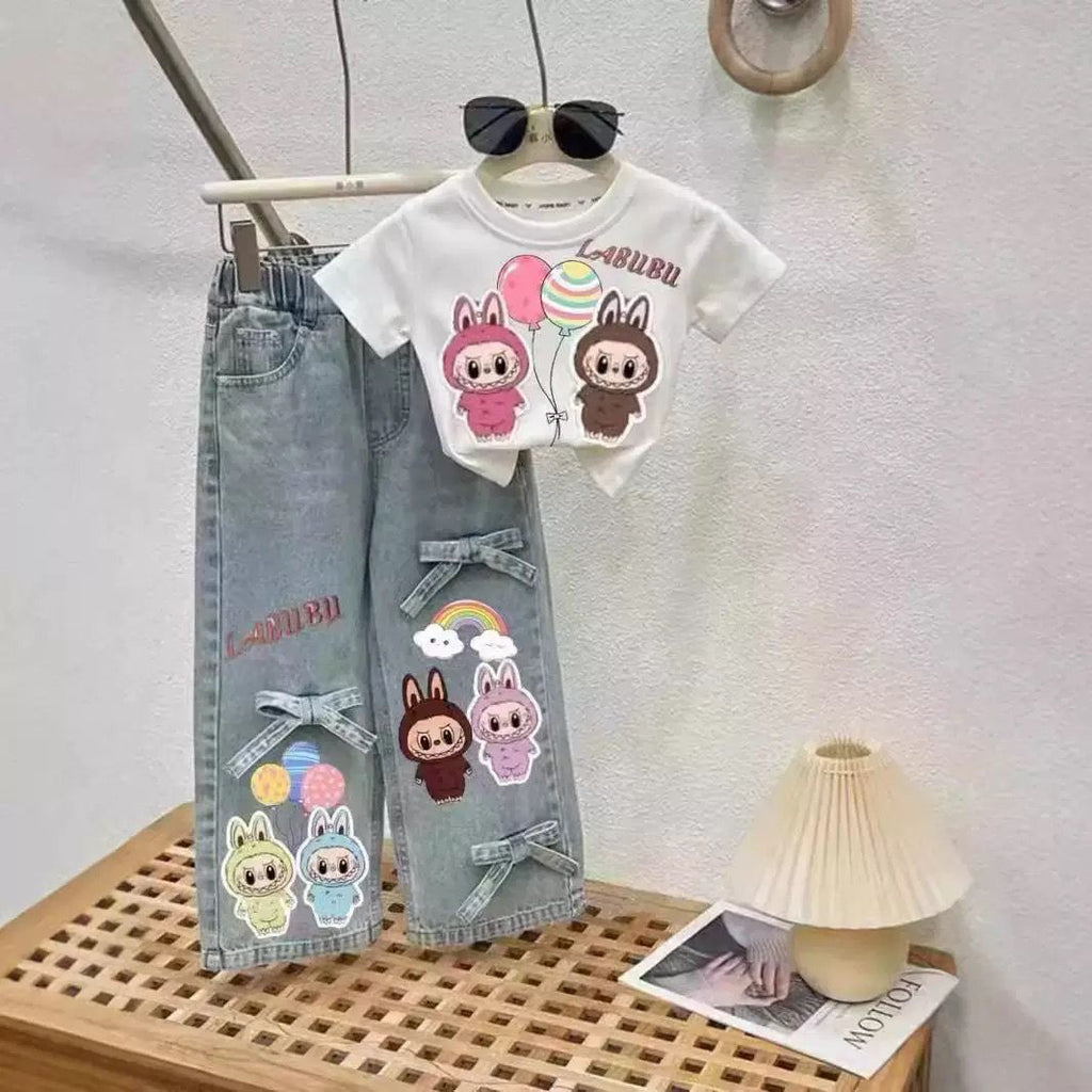 Girls Cartoon Print T-Shirt & Jeans 2-Piece Set | Spring Summer Casual Outfit (2–5Y)