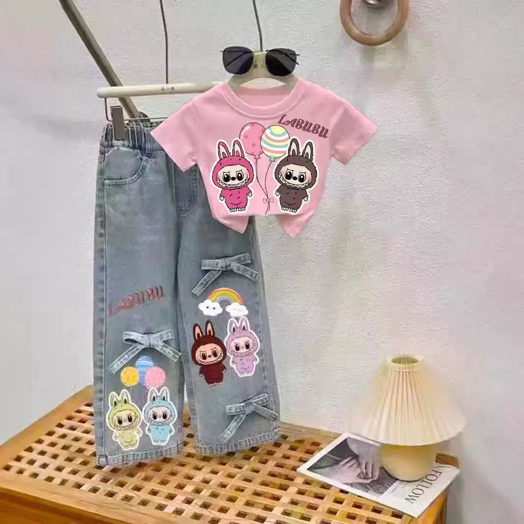 Girls Cartoon Print T-Shirt & Jeans 2-Piece Set | Spring Summer Casual Outfit (2–5Y)