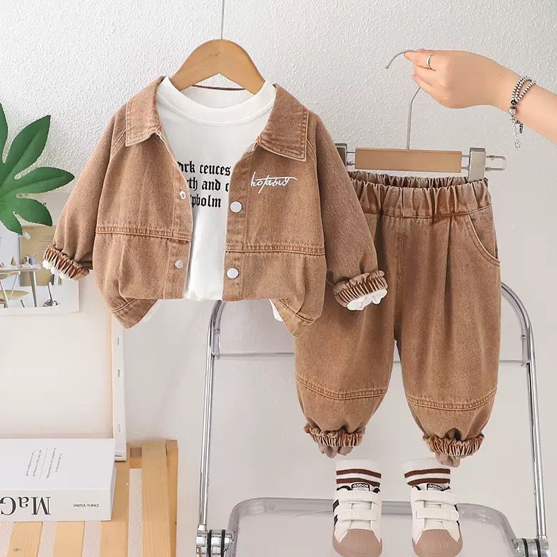 Boys Korean Style Embroidered Denim Hoodie 3-Piece Set | Autumn Kids Outfit (2–7Y)