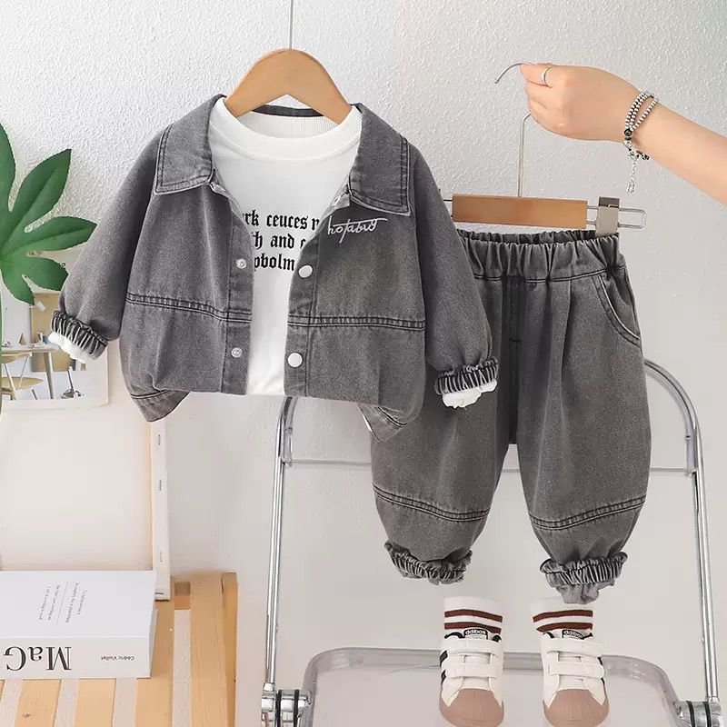 Boys Korean Style Embroidered Denim Hoodie 3-Piece Set | Autumn Kids Outfit (2–7Y)