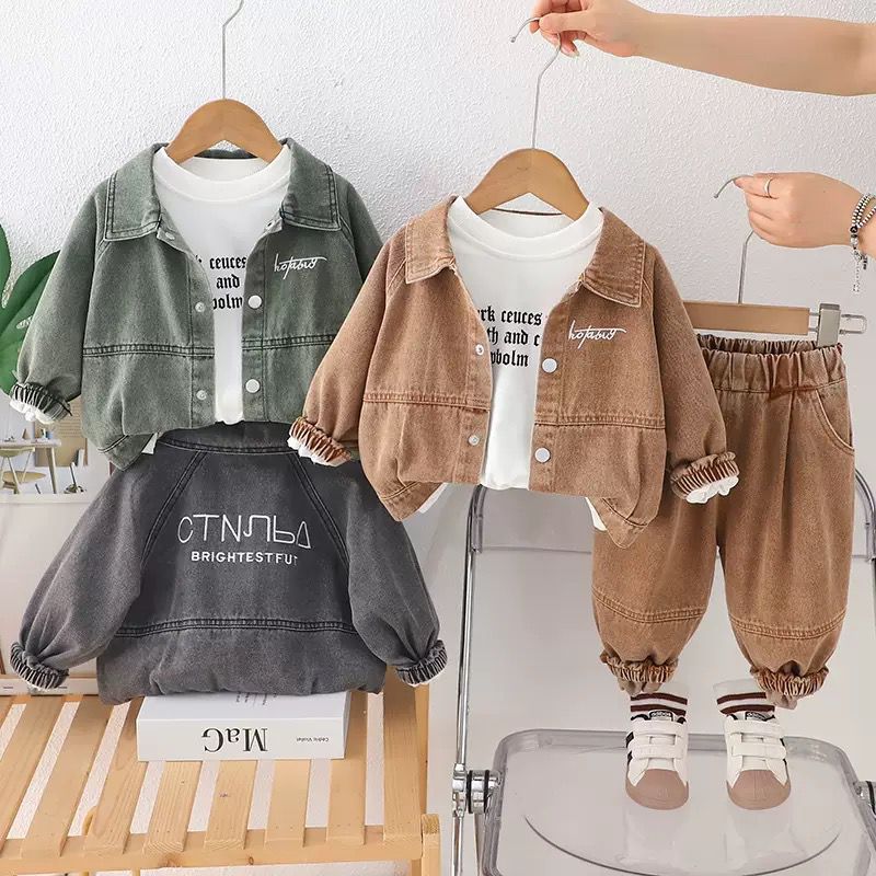 Boys Korean Style Embroidered Denim Hoodie 3-Piece Set | Autumn Kids Outfit (2–7Y)