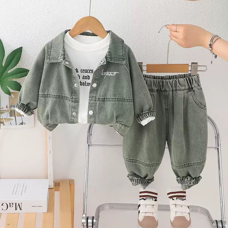 Boys Korean Style Embroidered Denim Hoodie 3-Piece Set | Autumn Kids Outfit (2–7Y)