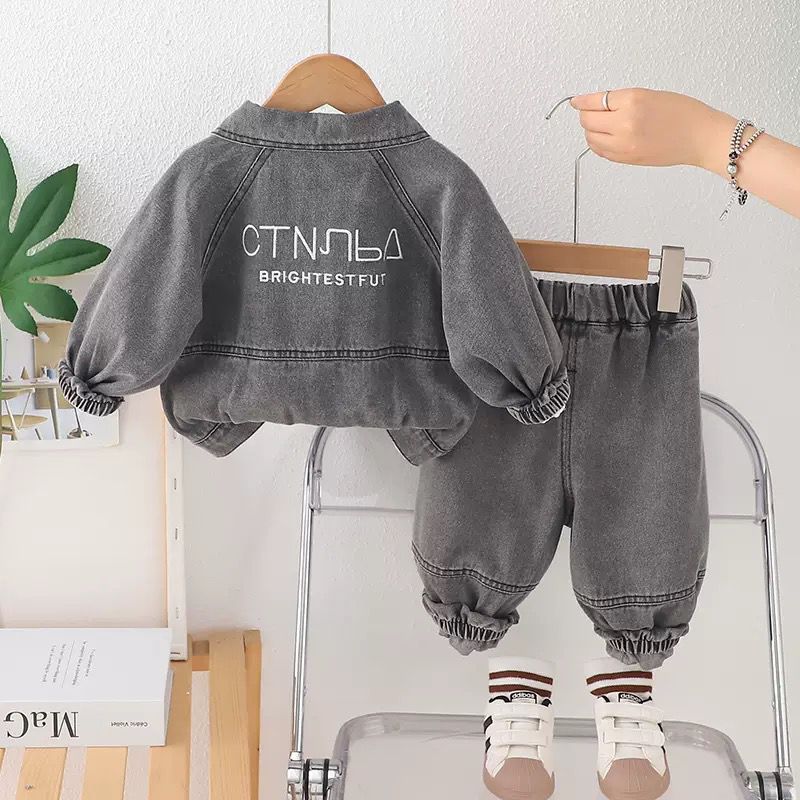 Boys Korean Style Embroidered Denim Hoodie 3-Piece Set | Autumn Kids Outfit (2–7Y)