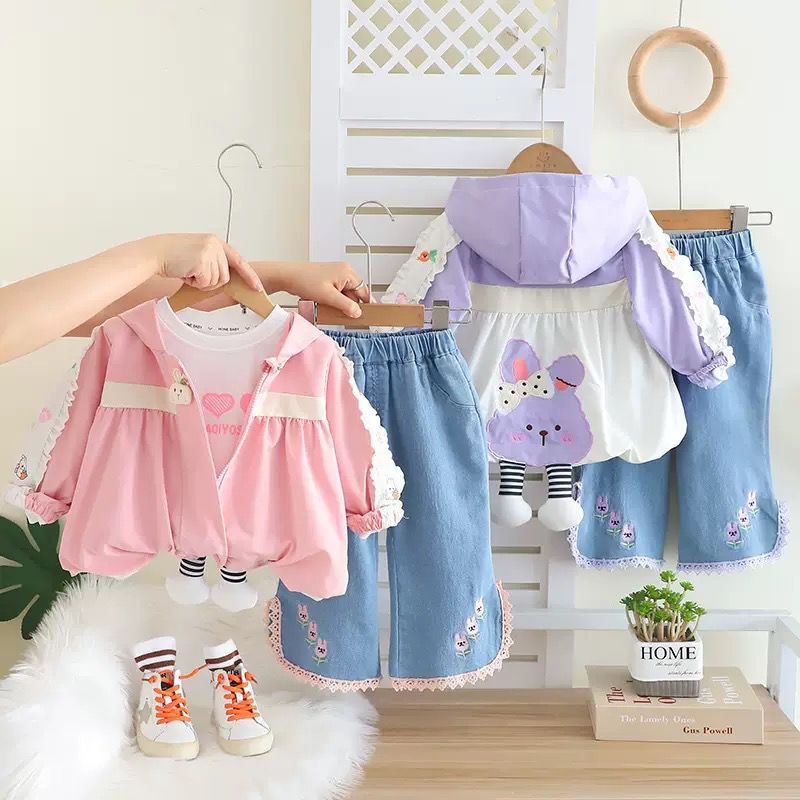 Girls 3D Rabbit Hooded Jacket 3-Piece Set | Cute Cartoon Kids Outfit (18M–7Y)