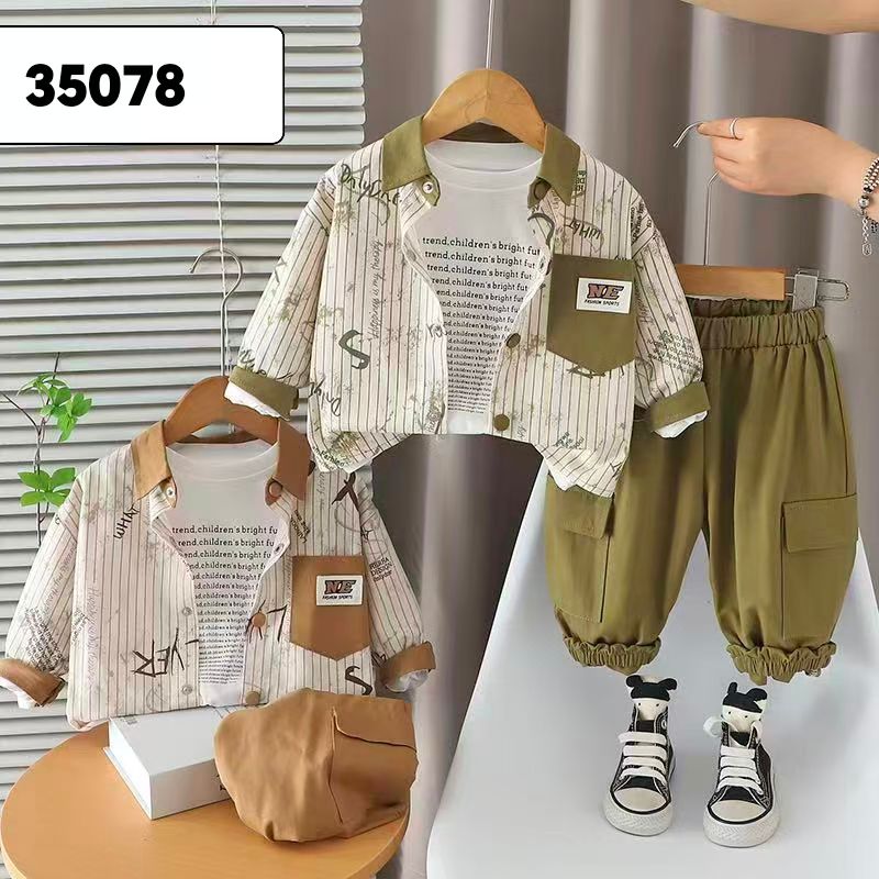 Boys Vertical Striped Short Sleeve Shirt 3-Piece Set | Casual Summer Kids Outfit (2–7Y)