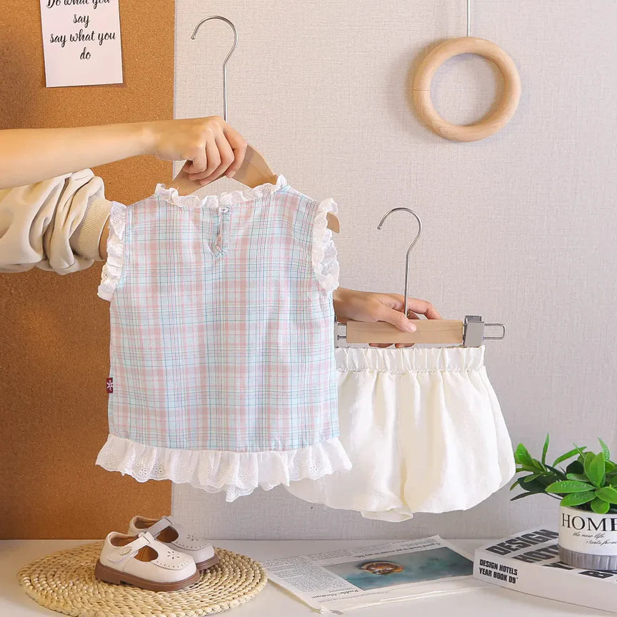 Girls Checked Sleeveless Top & Shorts Set | 2-Piece Summer Outfit (18M–6Y)