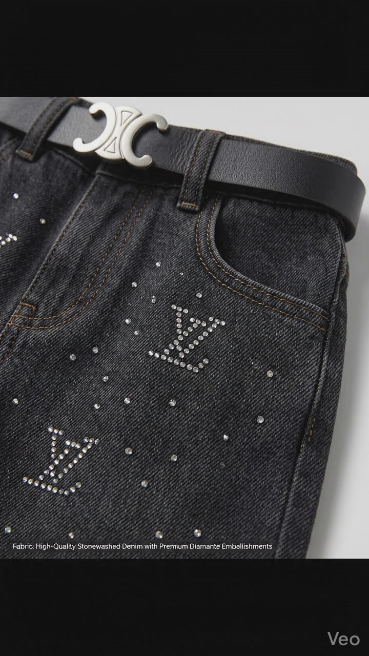 Girls Rhinestone Distressed Denim Pants | Vintage Wash